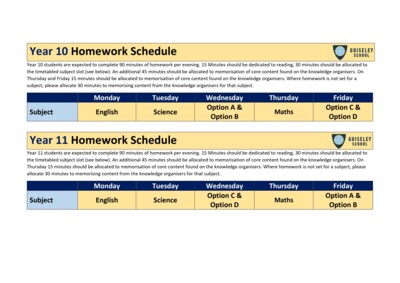 Year 10 and 11 Homework Schedules